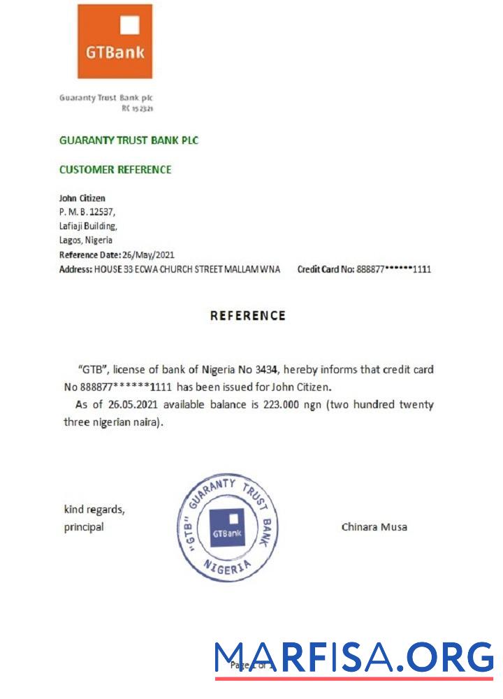 Realistic Nigeria GTBank reference sample